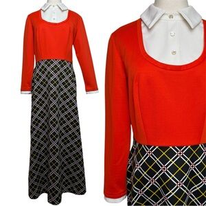 Vintage 70's Maxi Long Sleeve Orange Black Plaid Collar Dress
